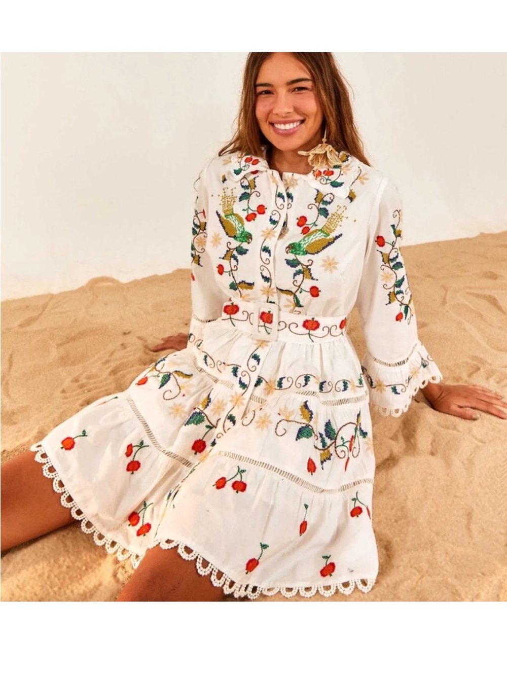 New Farm Rio Pitanga Embroidered Belted Mini Dress Sz M - Picture 3 of 15